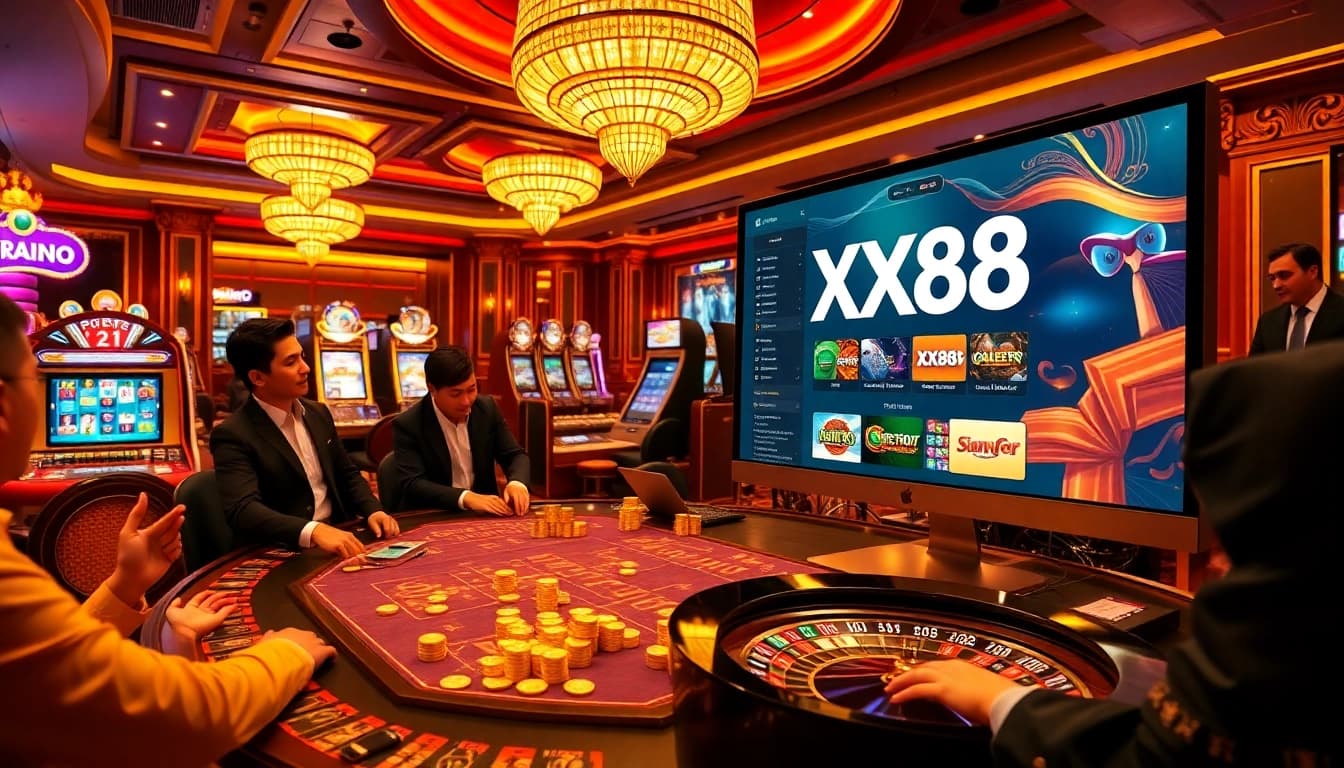 Win big at XX88 with a glamorous casino experience, featuring vibrant gaming tables and exciting slot machines.