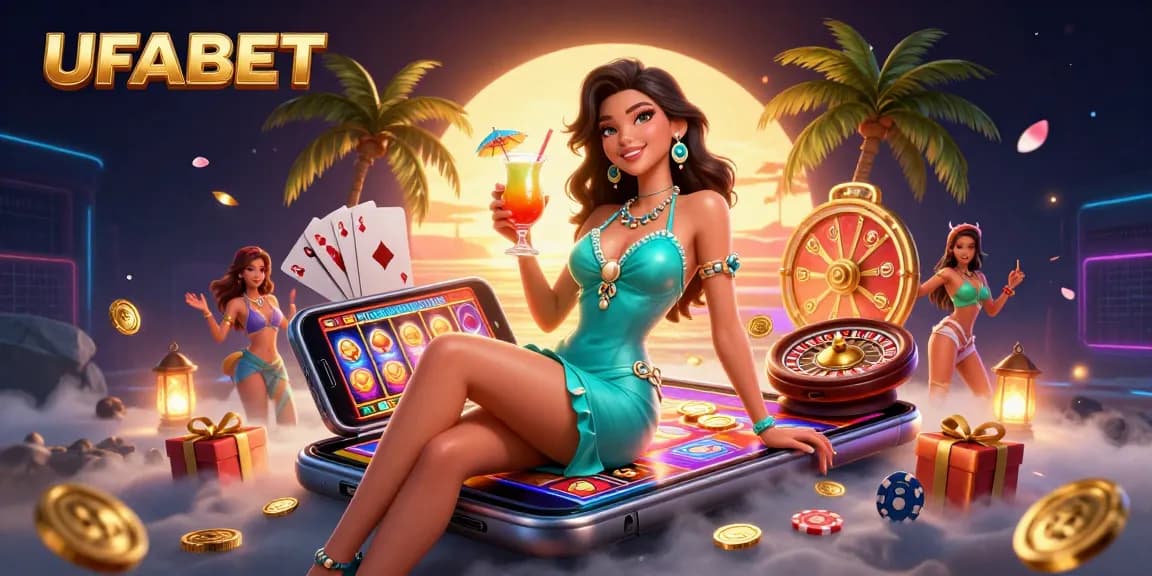 Experience vibrant gaming action at UFABET with a dazzling tropical casino scene showcasing slot games and excitement.