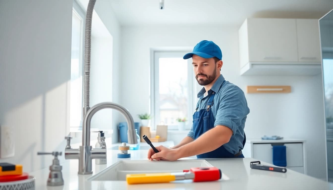 Skilled plumbers bristol working on a modern kitchen sink installation.