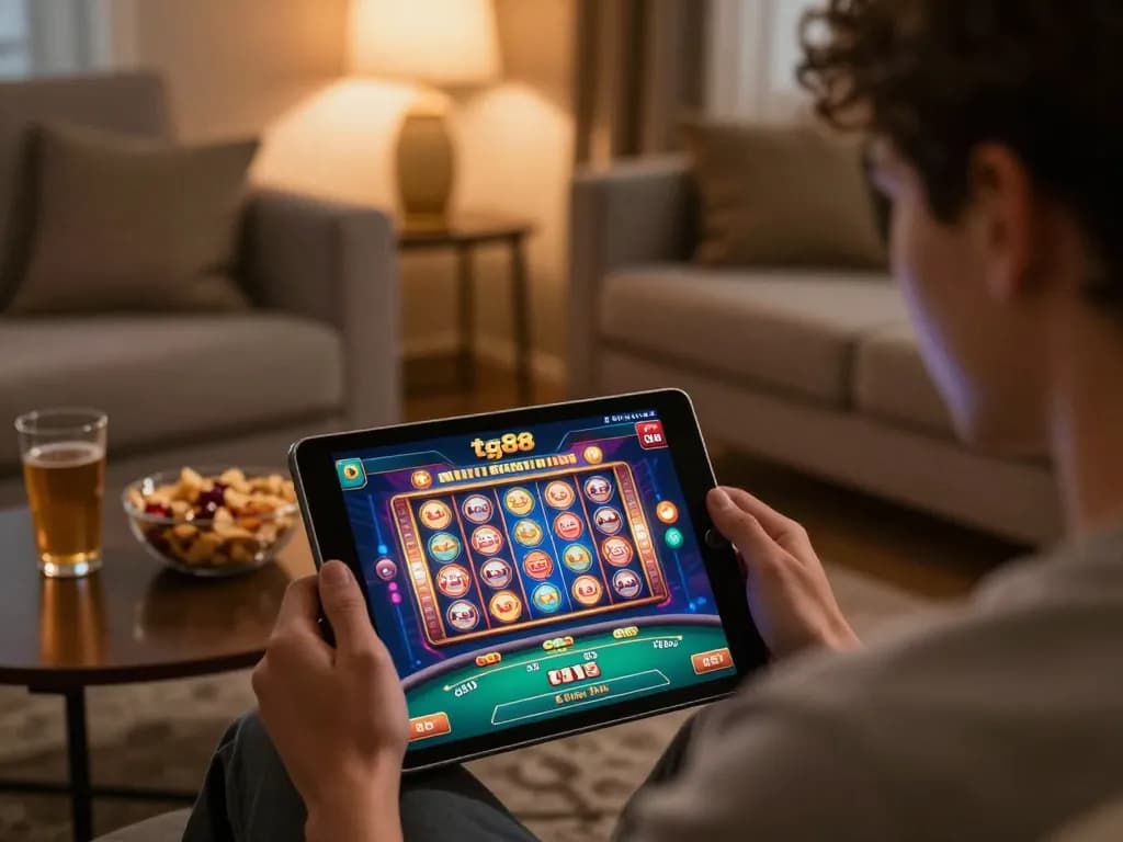 Player enjoying tg88 casino games on tablet in cozy home setting with snacks and warm lighting.