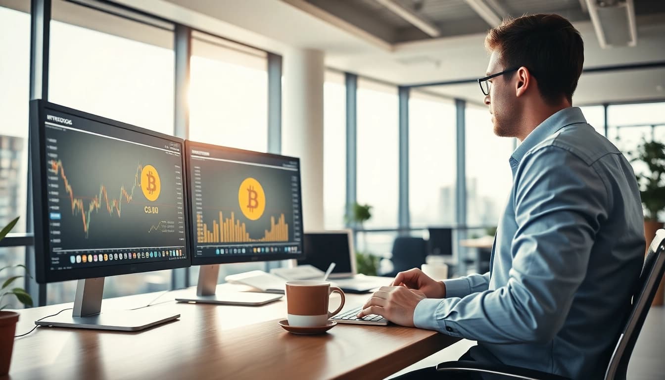 Achetez bitcoin dans un environnement de bureau moderne, avec un expert financier analysant des tendances.