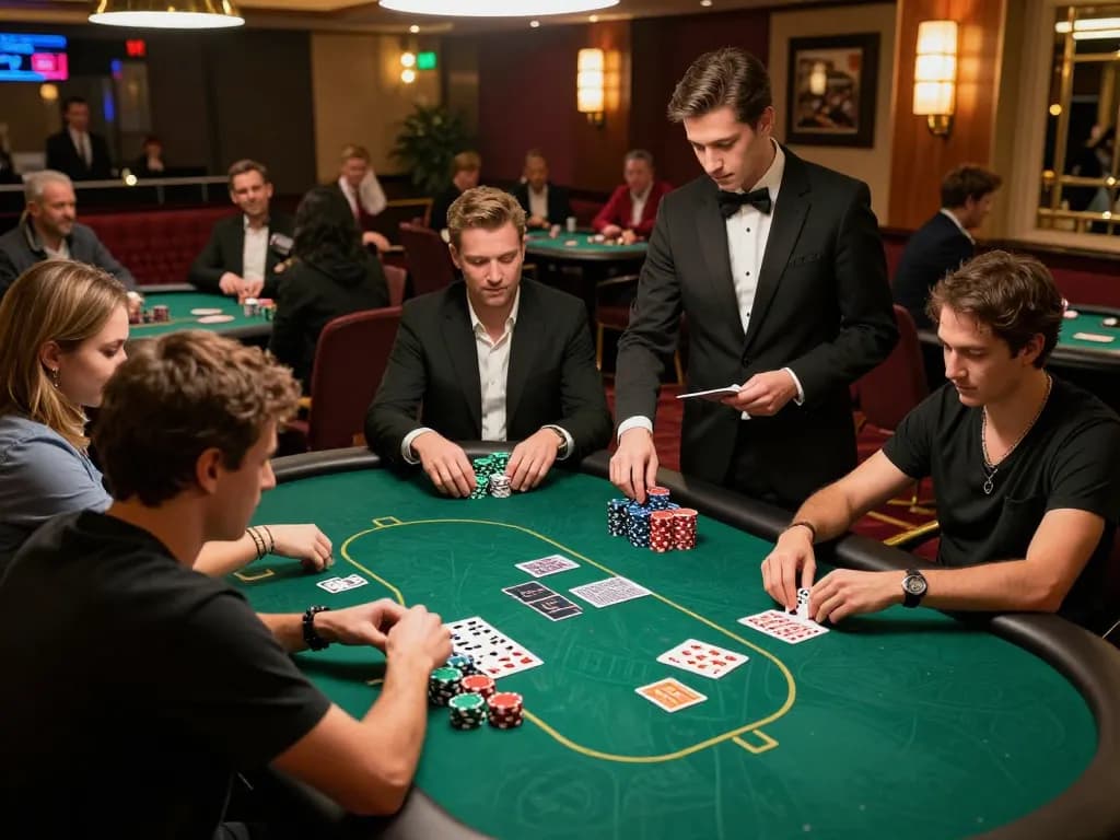 Intense poker gameplay at 98win vin casino, showcasing players, chips, and dealer action.