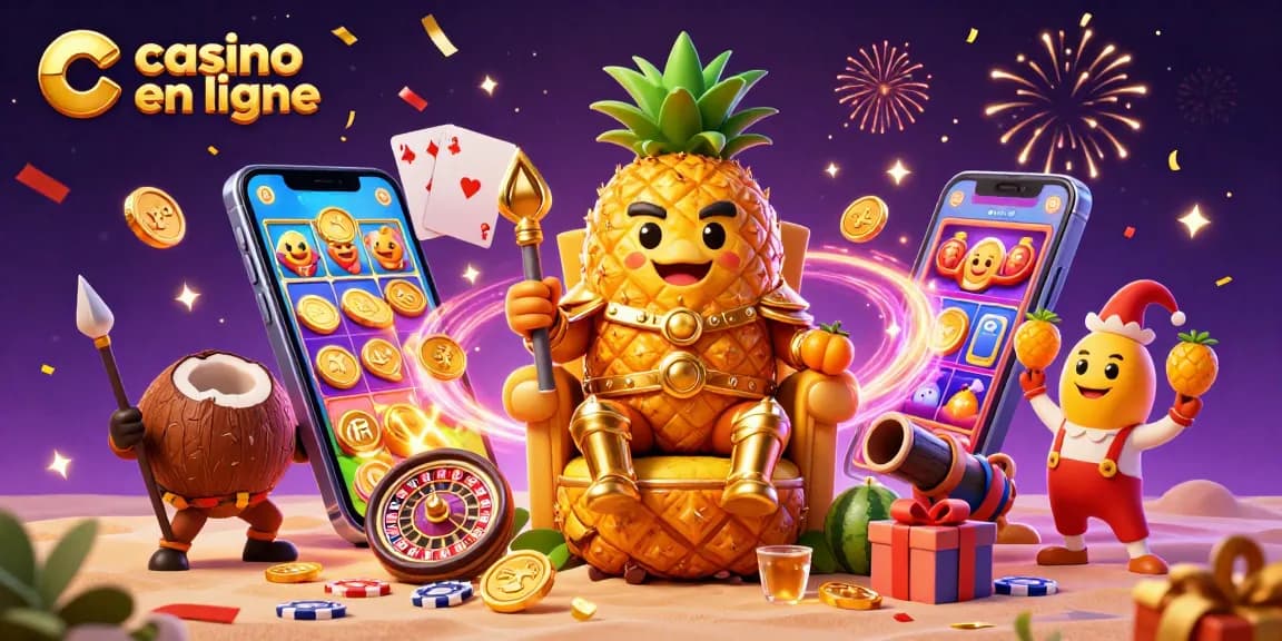 Jouez à des jeux de casino en ligne avec le roi ananas et ses compagnons dans une scène colorée.