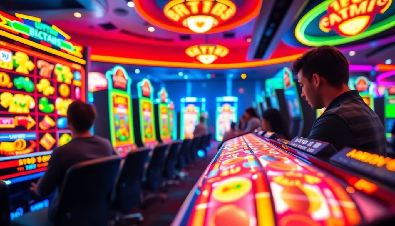 Permainan bro138 slot dengan simbol berwarna cerah dan suasana yang memikat.