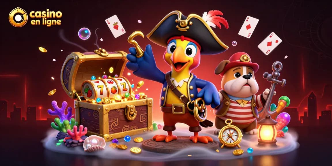 Illustration dynamique d'un casino en ligne avec des personnages pirates et trésor sous-marin