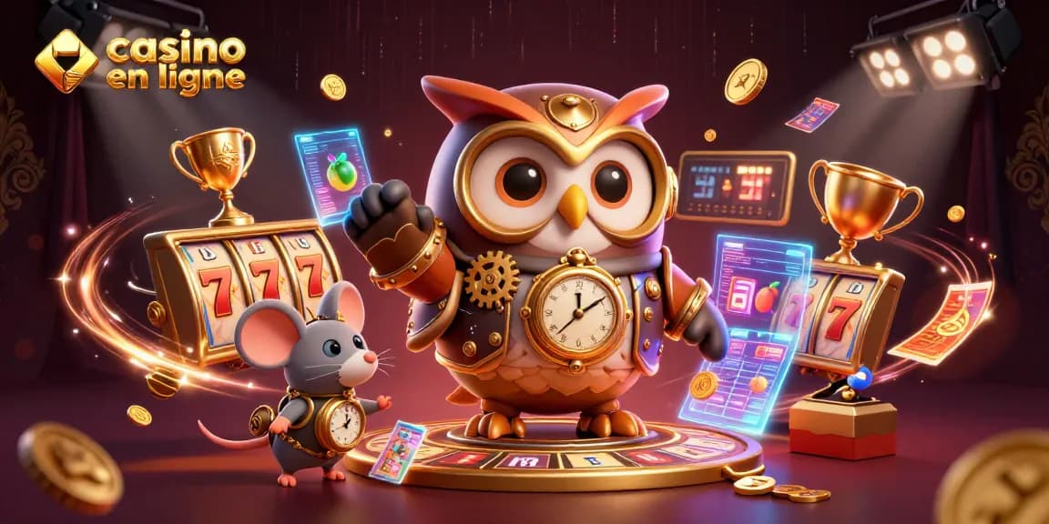 Profitez de l'excitation du casino en ligne avec un hibou steampunk et des éléments de jeu vibrants.