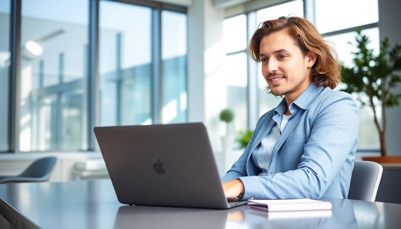 Applicant engaged with the uk eta online application process in a modern office setting.