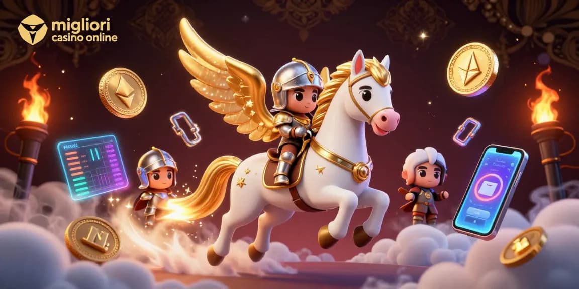 Gioca nei migliori casino online con un cavallo celeste e un armato cavaliere, circondati da criptovalute.