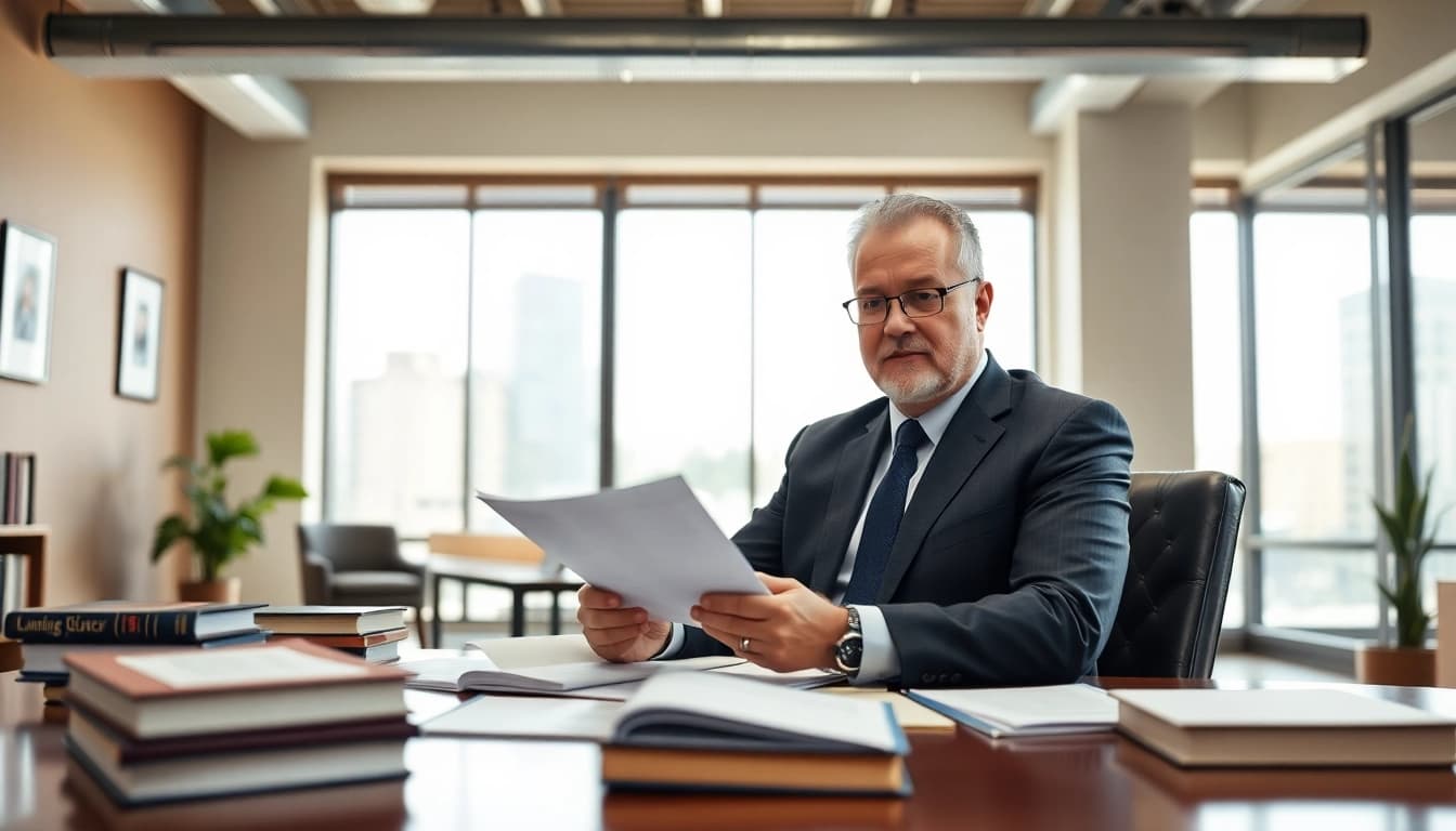 Showcase a Seattle Social Security Disability Lawyer confidently reviewing documents in a modern office.