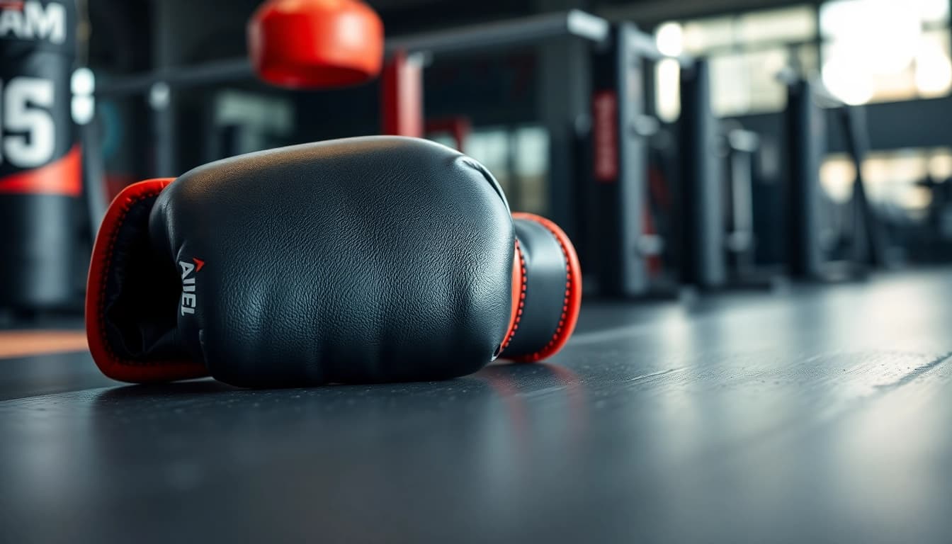 MMA gloves showcasing premium quality and design on a gym bench, ready for training.