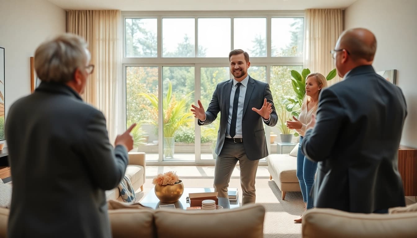 Highlighting real estate agent presenting modern listings in a sunlit living room setting.