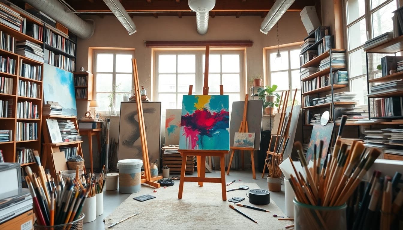 Création artistique dans l'atelier de fredericjulien-design.fr, mettant en valeur une toile en cours.