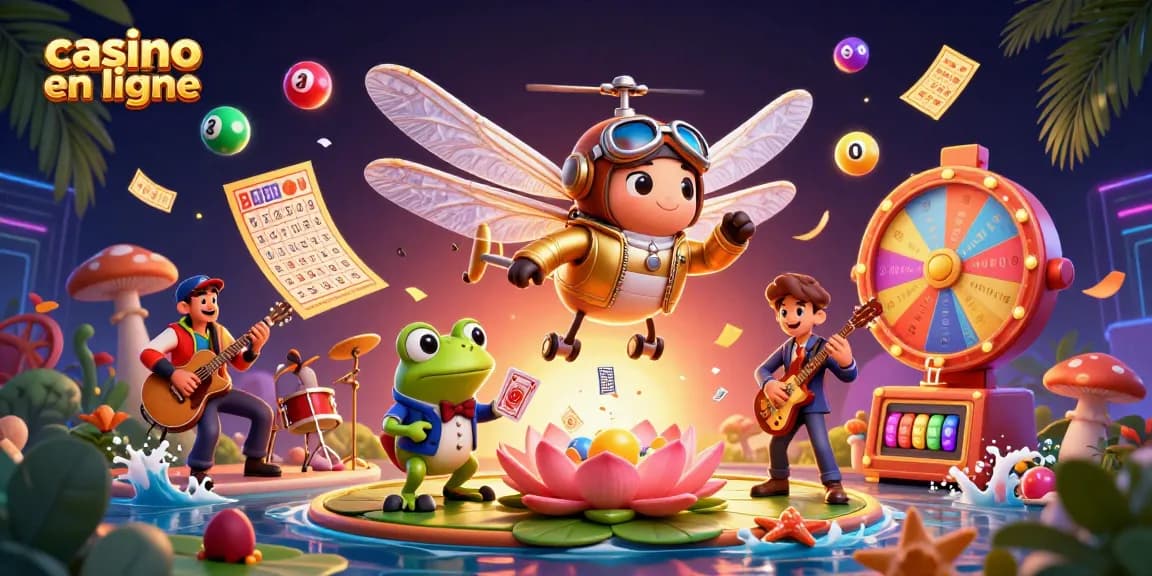 Plongez dans l'univers du casino en ligne avec un pilote de libellule et un croupier grenouille, animant le jeu.