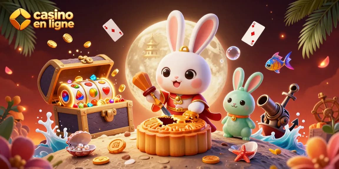Profitez du casino en ligne de manière ludique avec un lapin de la lune jouant et des pièces de casino.