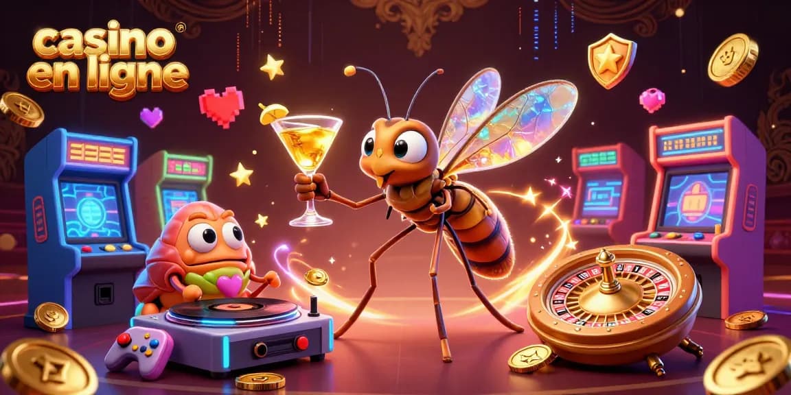 Jouez à des jeux de casino en ligne avec cet emblématique visuel représentant un moustique mascotte vibrant dans un monde de jeux.