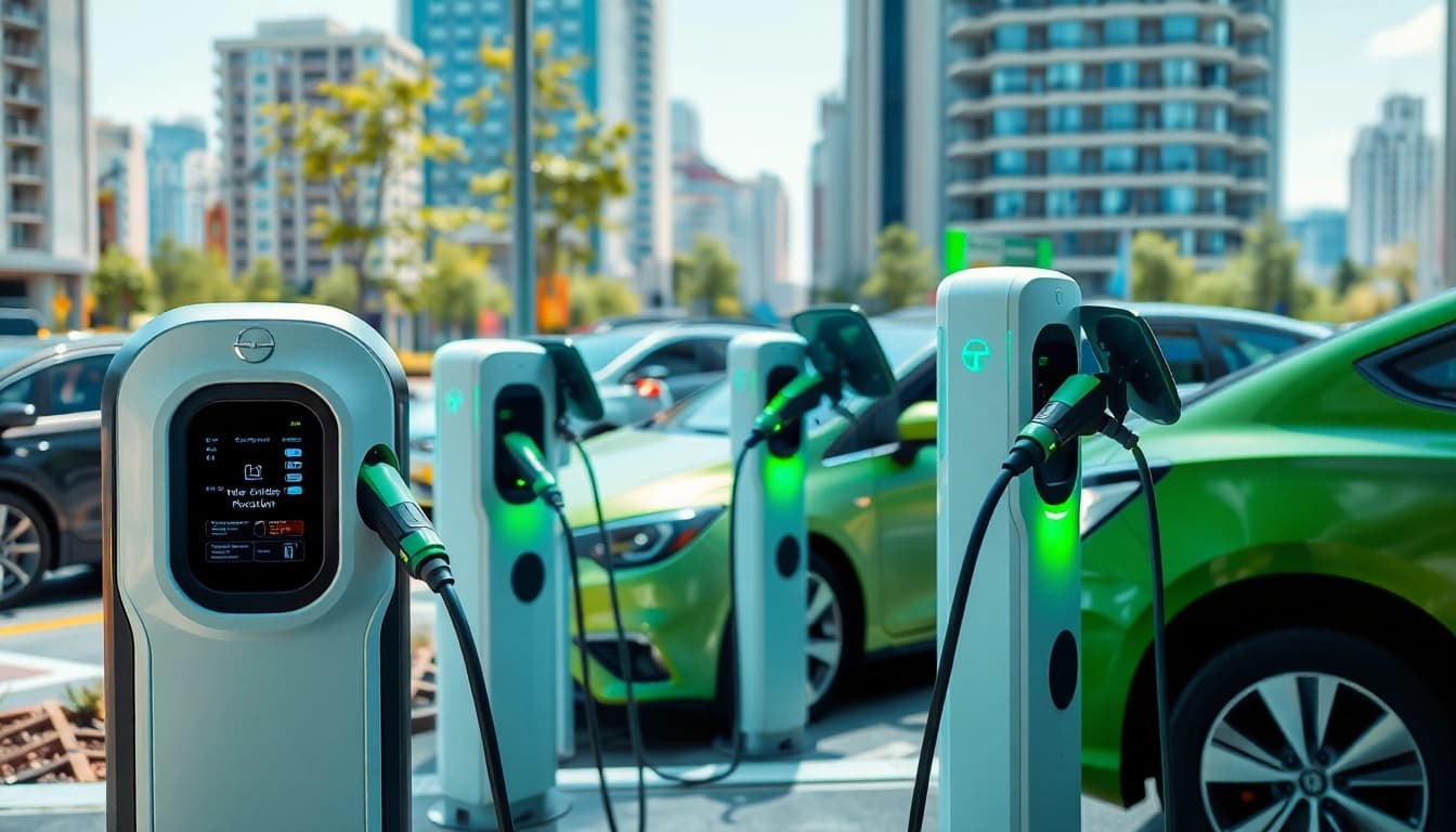 Engaging image showcasing EV charging news with modern charging stations in an urban setting.