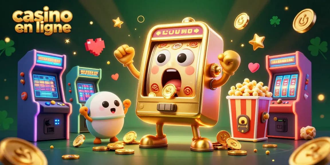 Le casino en ligne propose un jackpot avec une machine à sous dorée et ses petits compagnons exprime sa surprise alors que des pièces fusent.
