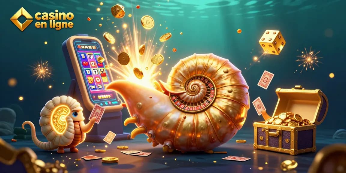 Casino en ligne : Une illustration colorée d'un nautilus géant et des machines à sous éclatantes.