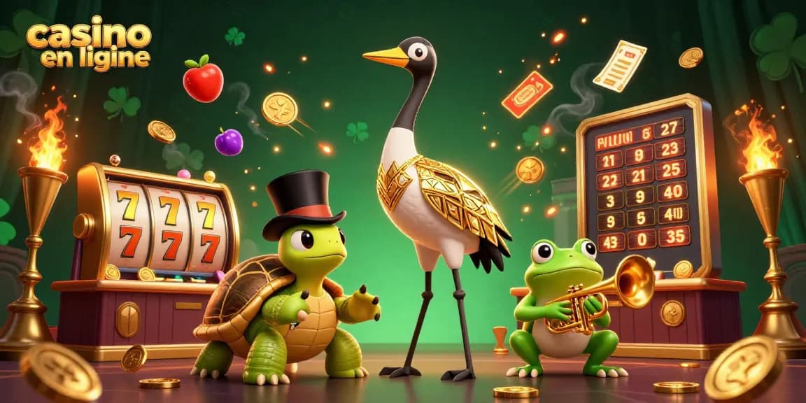 Illustration dynamique d'un casino en ligne avec des machines à sous et des personnages animés jouant ensemble.