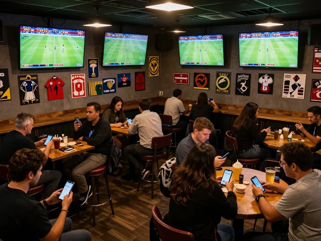 Bong da lu users placing bets on football matches in a vibrant sports bar.