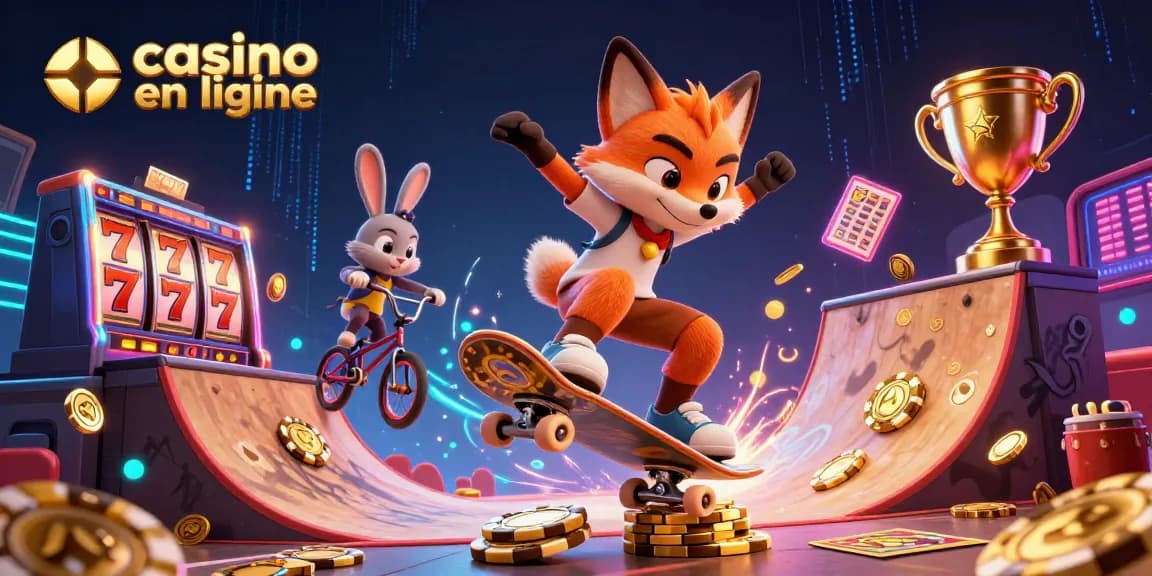 Plongez dans l'univers du casino en ligne avec un renard faisant un kickflip sur un tas de jetons.