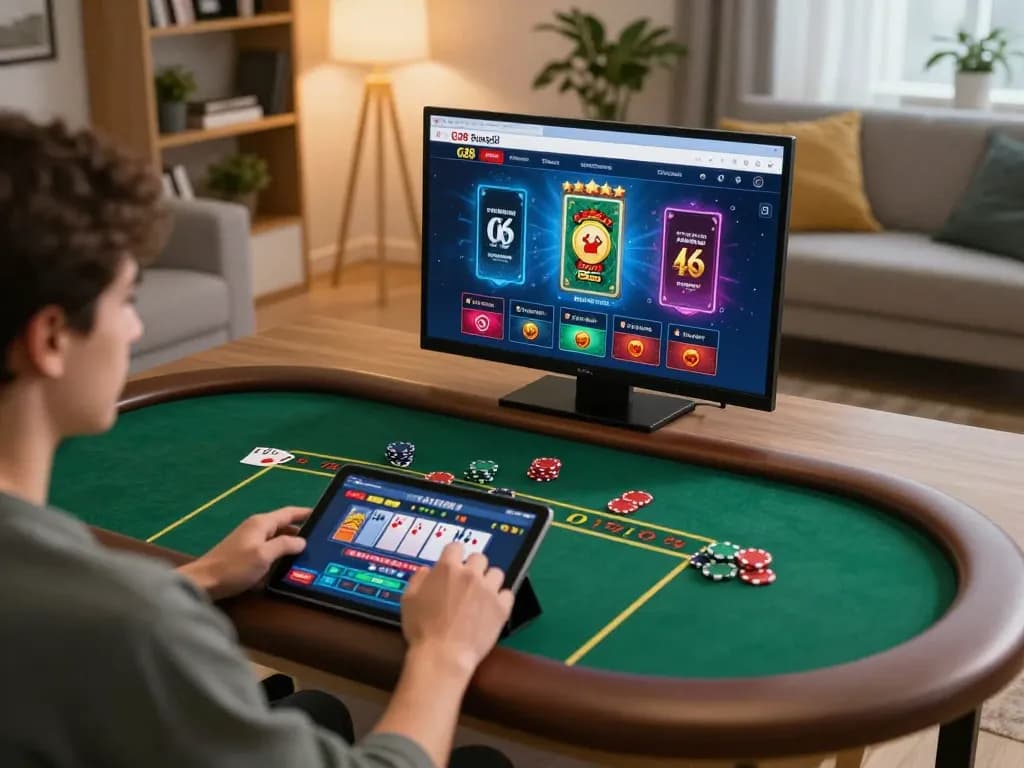 Player engaging in online gaming at G28 trang chủ, showcasing dynamic betting strategies in a cozy home setting.