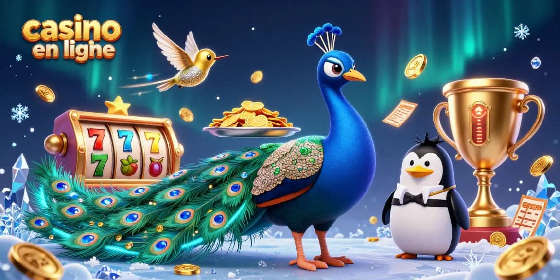 Casino en ligne : illustration dynamique avec un paon aristocratique et des éléments de jeux d'argent.