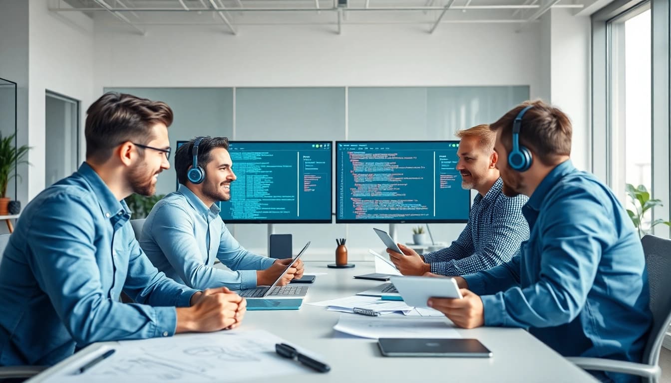 Hire .Net desktop developers working collaboratively in a modern office environment with technology.