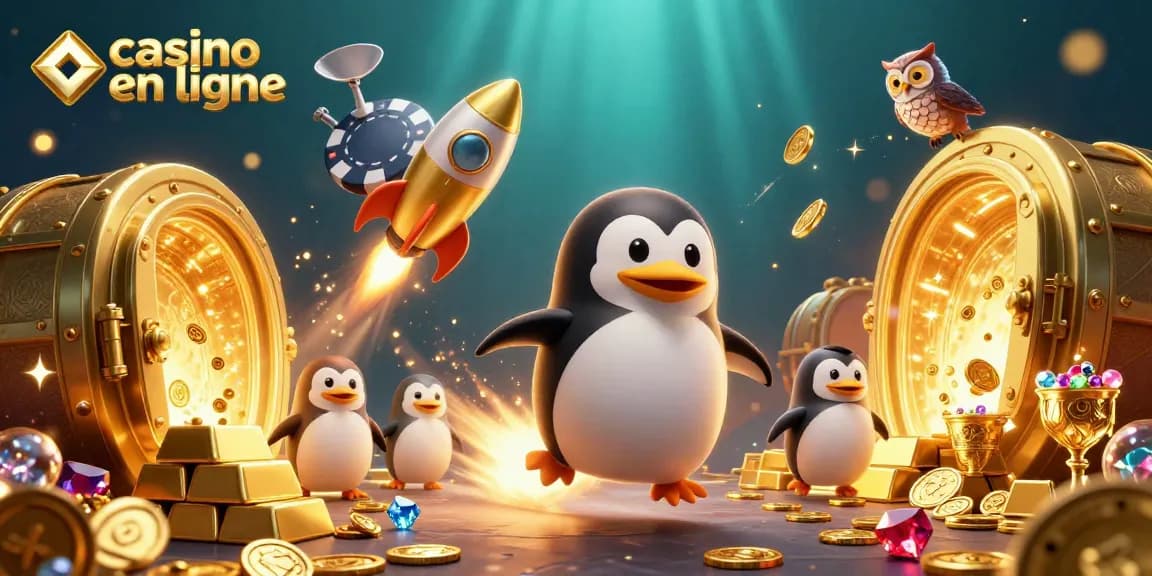 Jouer sur un casino en ligne avec un pingouin doré en fusion et des trésors scintillants.