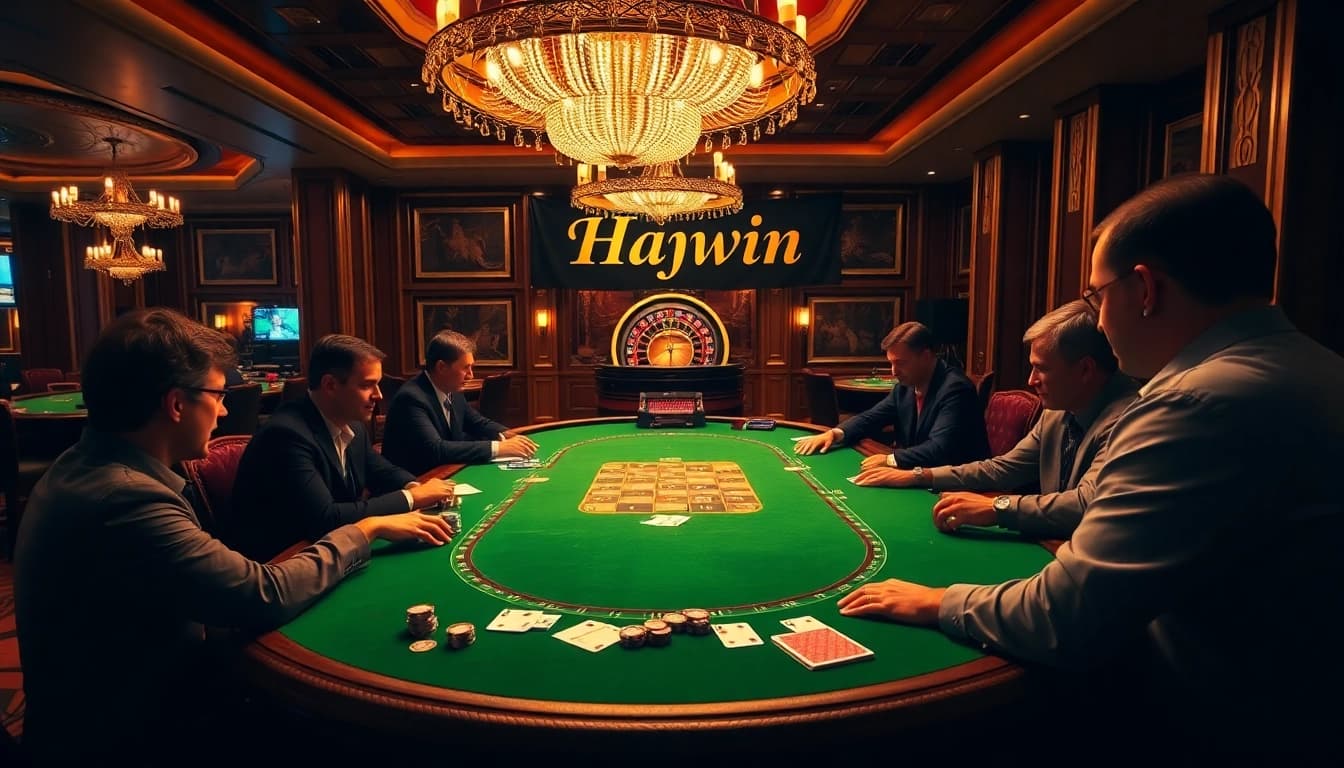 Players betting at a luxurious poker table in a Haywin-themed casino, immersed in excitement.