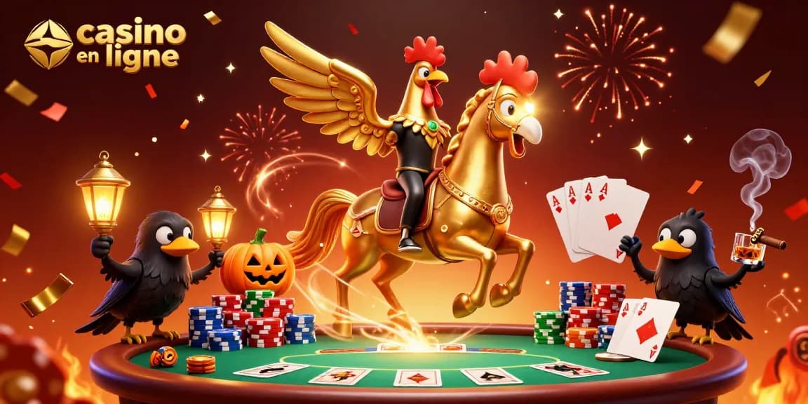 Scénario de casino en ligne vibrant avec le coq doré et ses compagnons des corbeaux.
