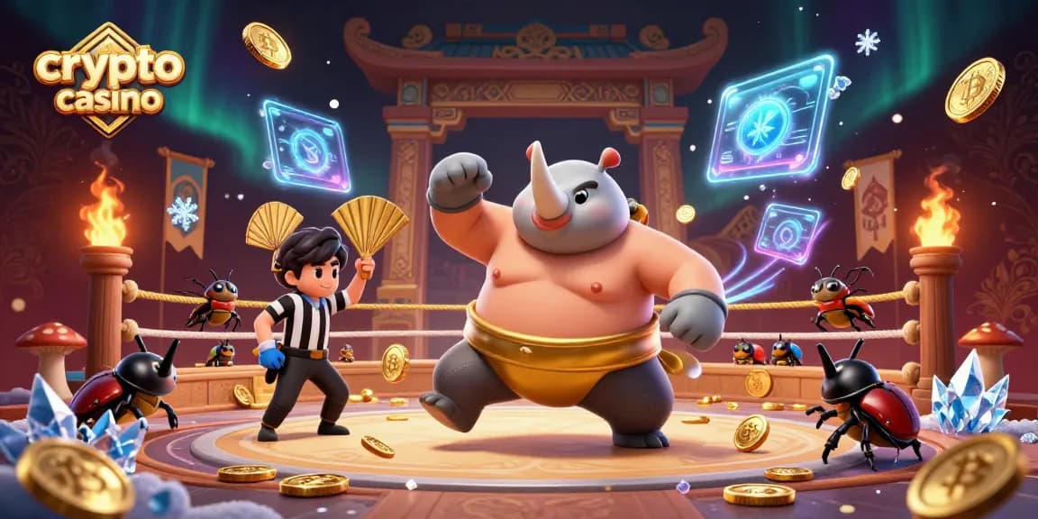 Le casino crypto avec un champion rhinocéros sumo, des pièces d'or volantes et des spectateurs ravis.