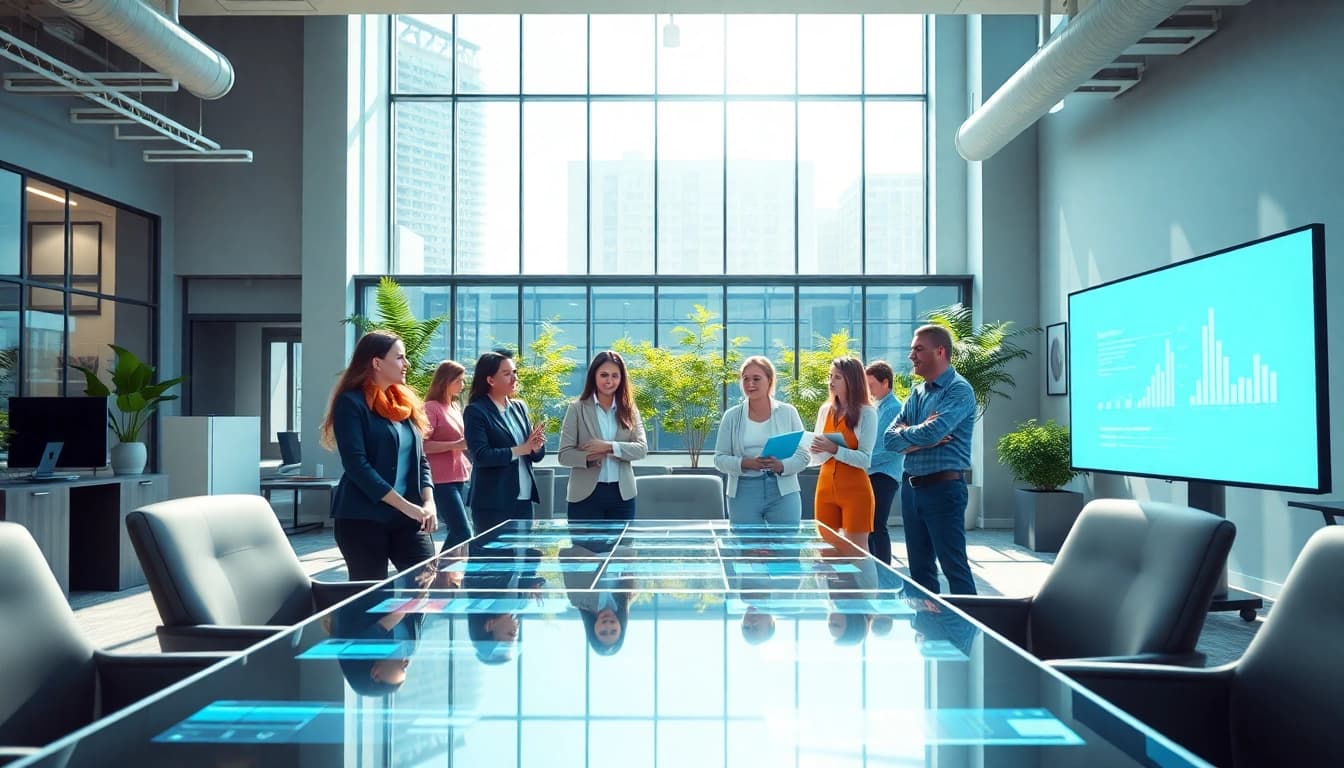 JBO professionals collaboratively brainstorming in a modern, vibrant office setting.