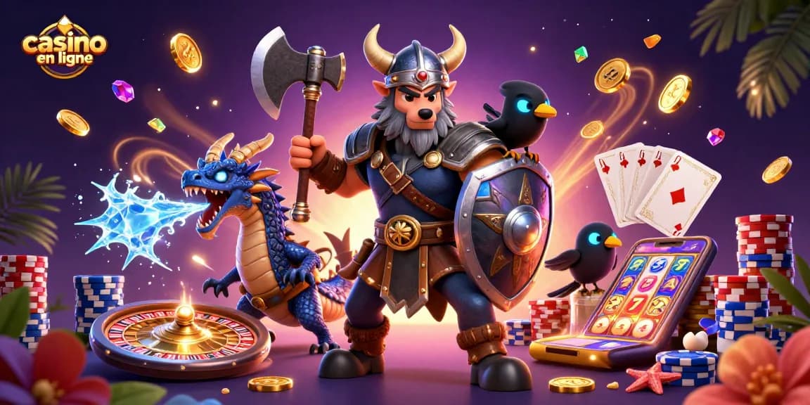 Jouez à casino en ligne avec un guerrier loup viking et un dragon dans un décor riche et captivant.
