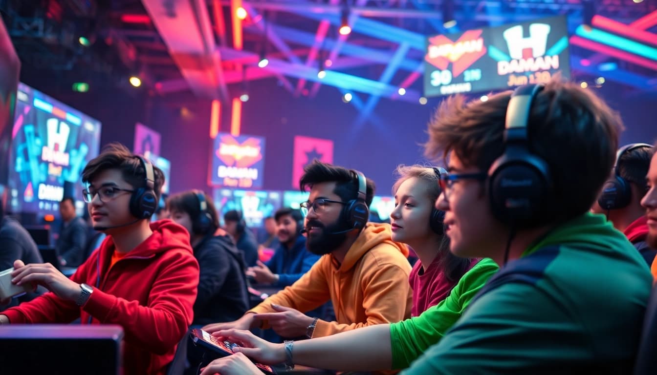 Engaging players competing in daman games within a vibrant esports arena.