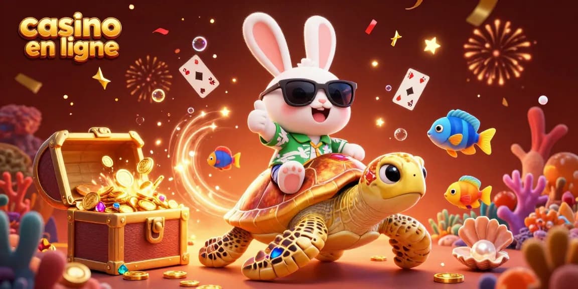 Image colorée d'un casino en ligne mettant en scène un lapin chanceux et une tortue dorée.