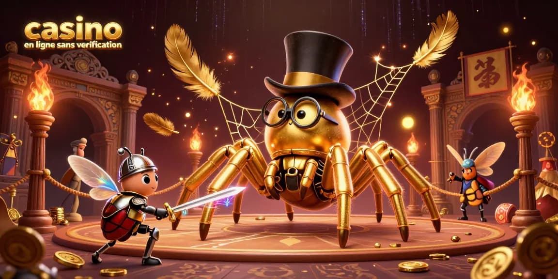 Admirez ce casino en ligne sans vérification avec une scène colorée de personnages fascinants et d'éléments de jeu captivants.