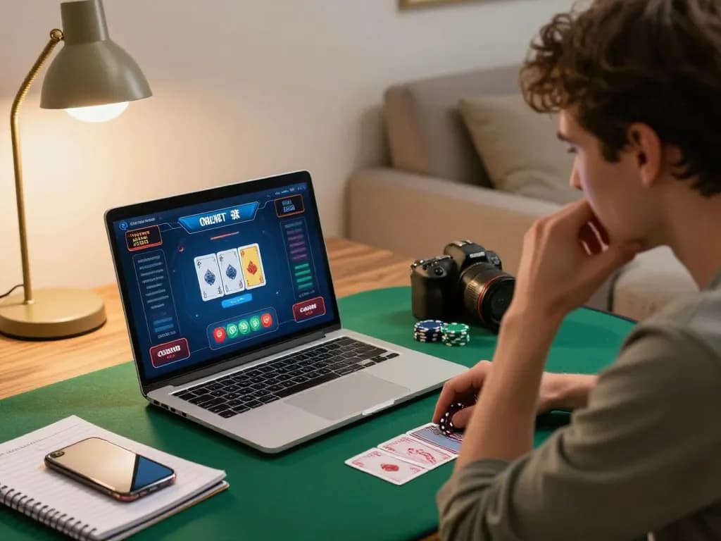 Person immersed in thabet online poker game, highlighting strategic focus and cozy gaming setup.