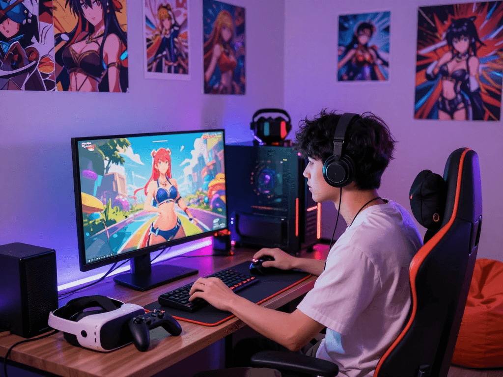 Exciting gamer engaged in a captivating hentai game, surrounded by colorful gaming gear.