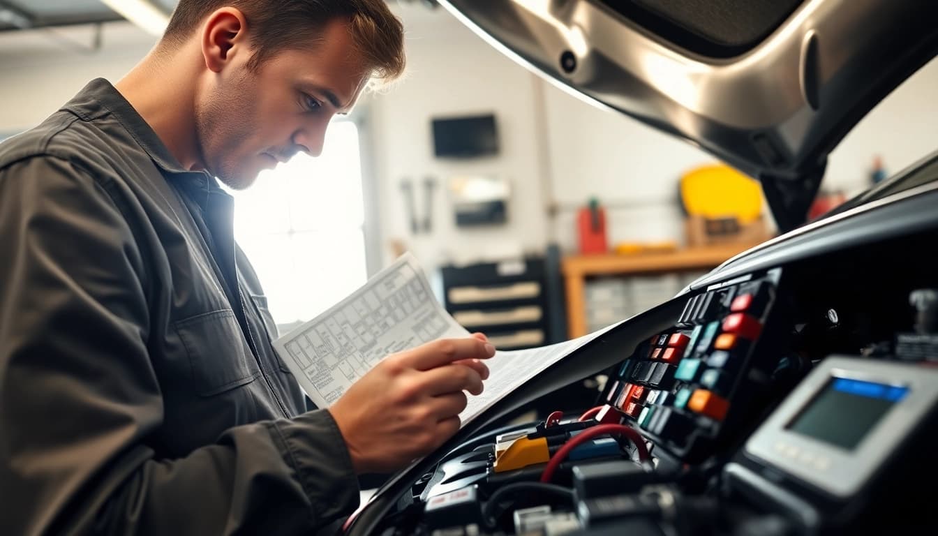 Inspecting fuses at https://bezpieczniki24.pl with automotive technician focused on vehicle maintenance.