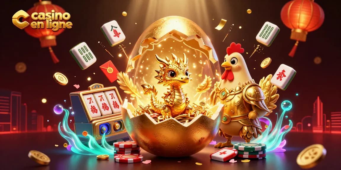 Découvrez le dragon doré au casino en ligne entouré de pièces et lanternes scintillantes.