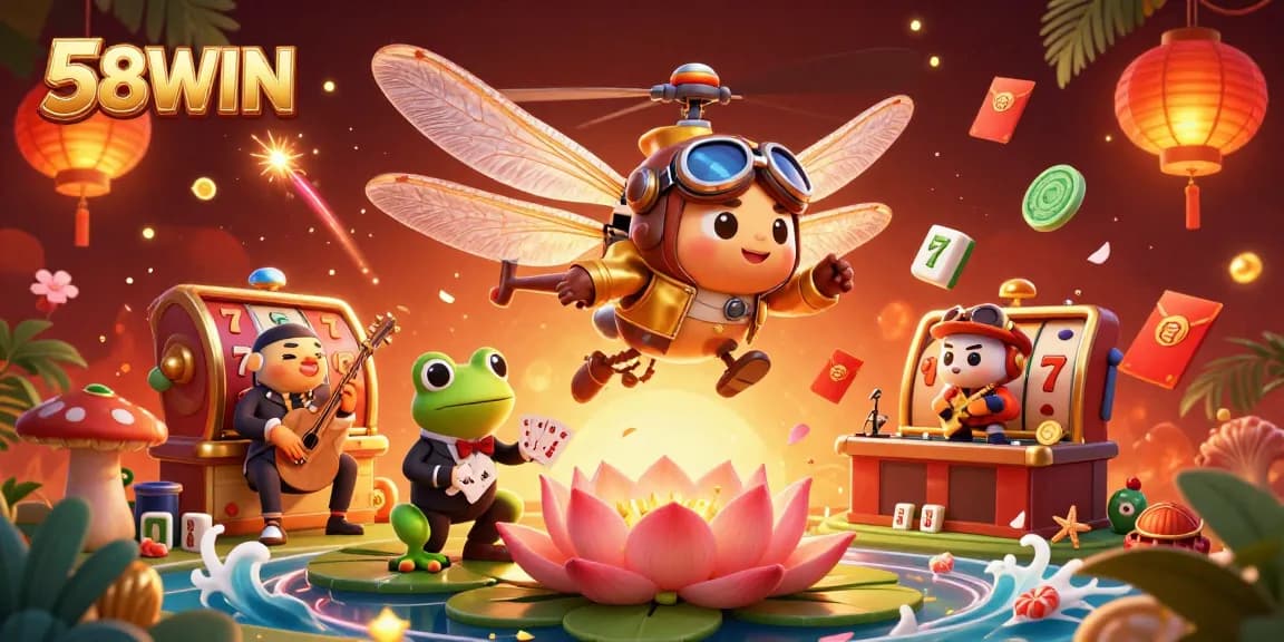 Experience thrilling gameplay at 58WIN with a lively casino atmosphere animated by colorful characters.