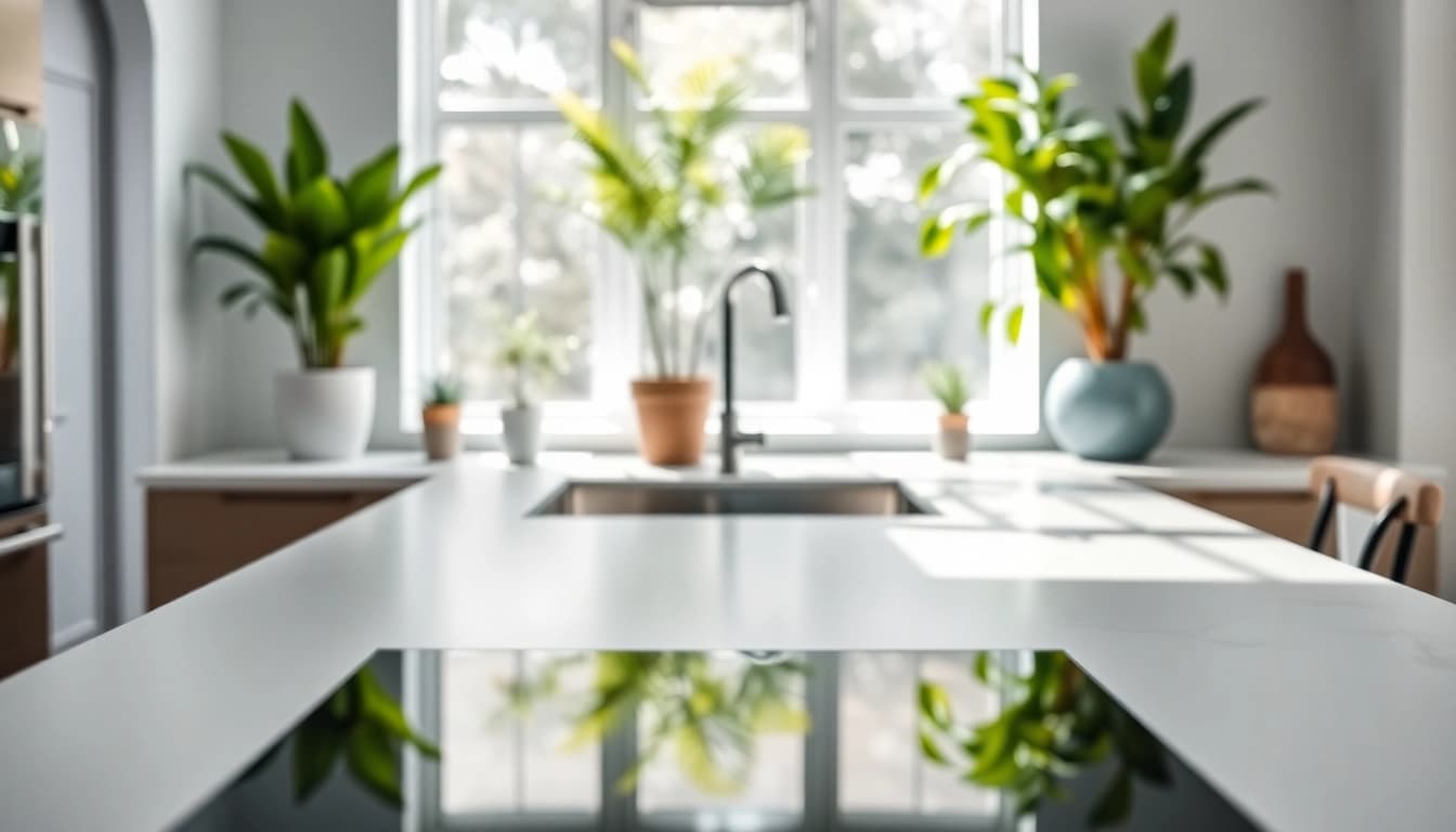 Showcase Porcelain Worktops in a modern kitchen setting with sleek design and natural lighting.