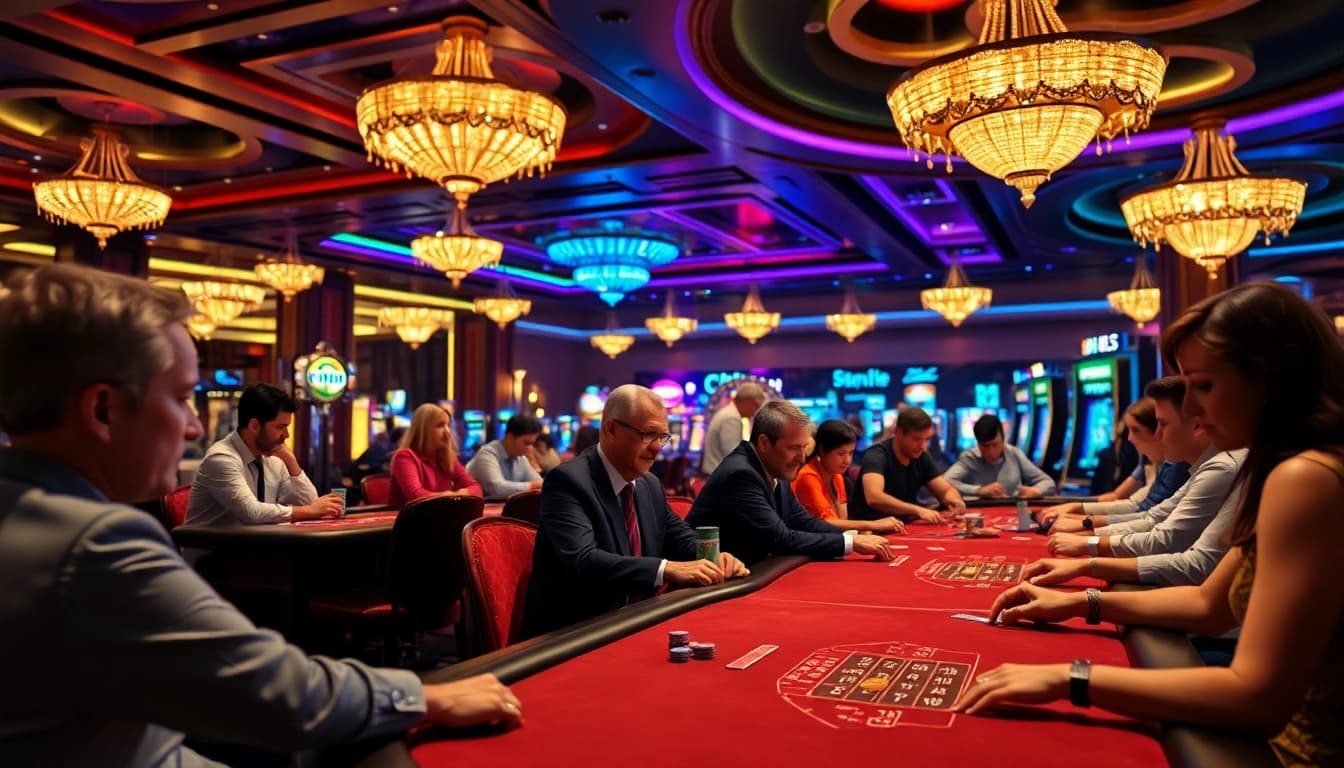 Engage in the thrilling casino atmosphere at https://casinodeets.com with players around vibrant gaming tables.
