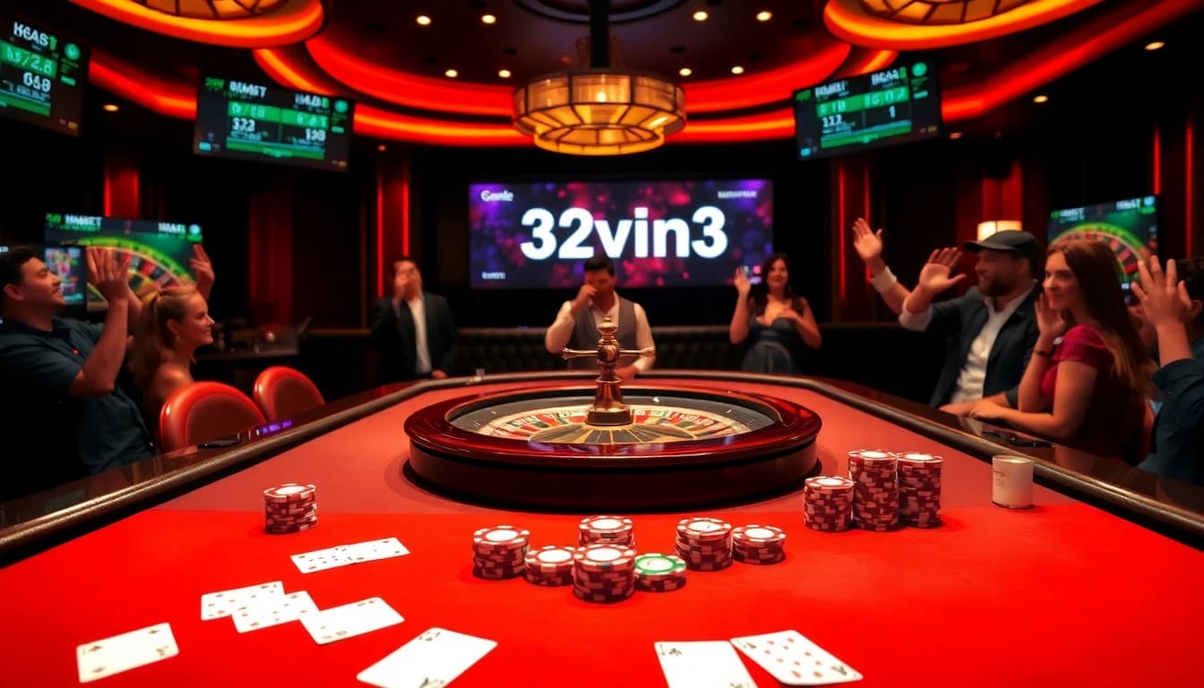 Exciting casino scene highlighting 32vin32 with poker tables, roulette wheels, and vibrant players.