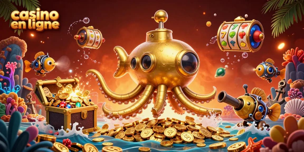 Les jeux de casino en ligne illuminés par un kraken doré émergent des pièces d'or.