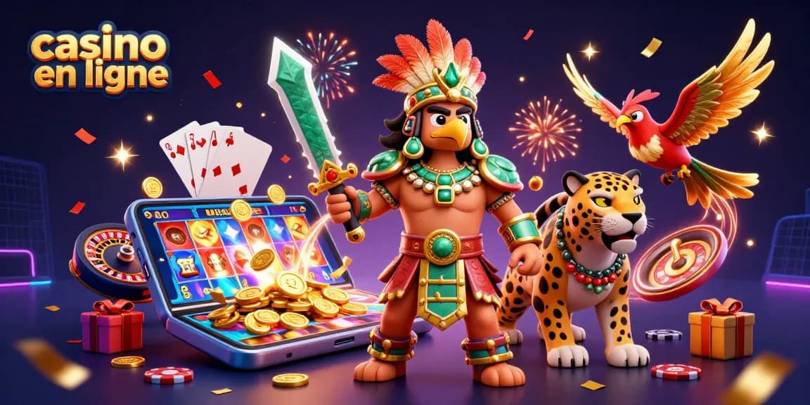 Gagnez aux jeux casino en ligne avec des guerriers aztèques, des pièces d'or et des cartes à jouer.