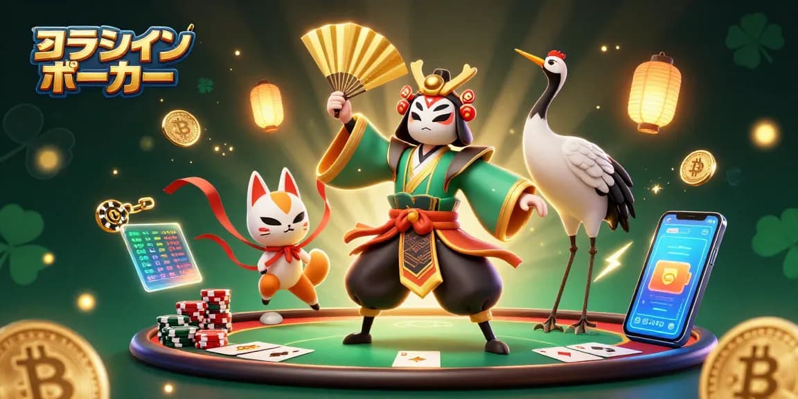 オンラインポーカーのテーブルで対戦するキャラクターたちと暗号通貨を楽しむシーン。
