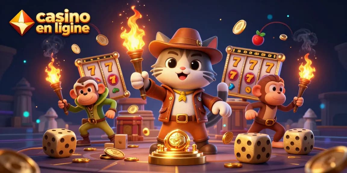 Plongez dans le monde du casino en ligne avec un chat explorateur découvrant un artefact en or entouré de dés géants.
