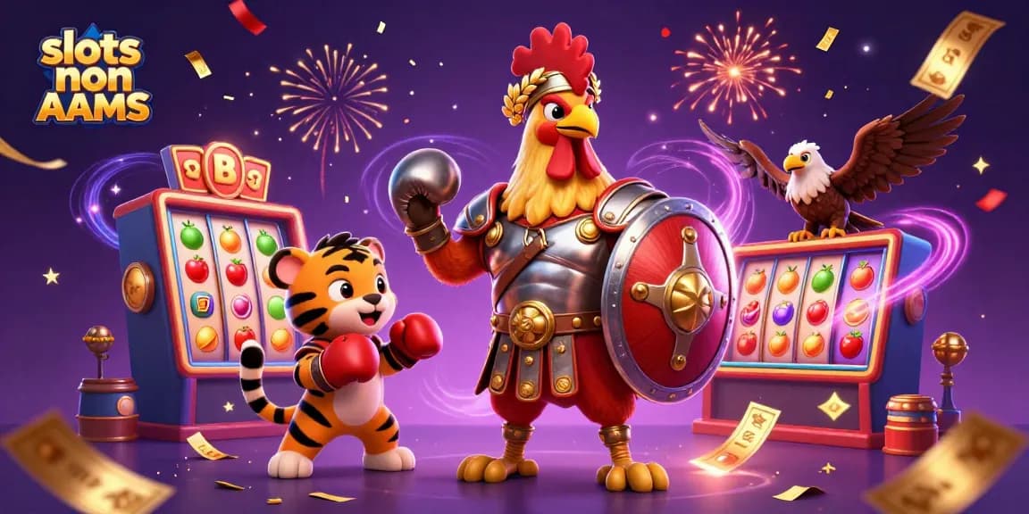 Gioca alle slot non AAMS con simboli vibranti e jackpot, circondato da un casinò vivace e festoso.